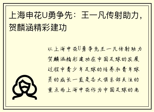 上海申花U勇争先：王一凡传射助力，贺麟涵精彩建功