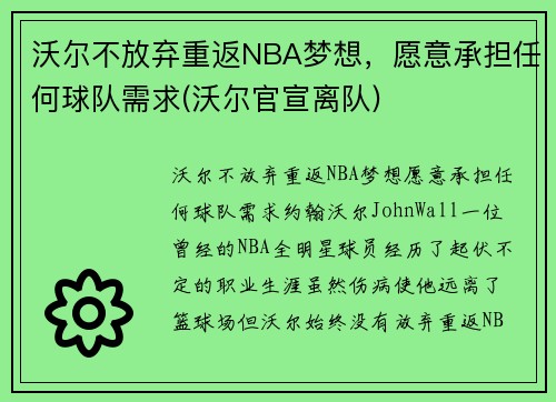 沃尔不放弃重返NBA梦想，愿意承担任何球队需求(沃尔官宣离队)