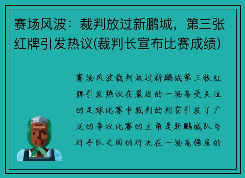 赛场风波：裁判放过新鹏城，第三张红牌引发热议(裁判长宣布比赛成绩)